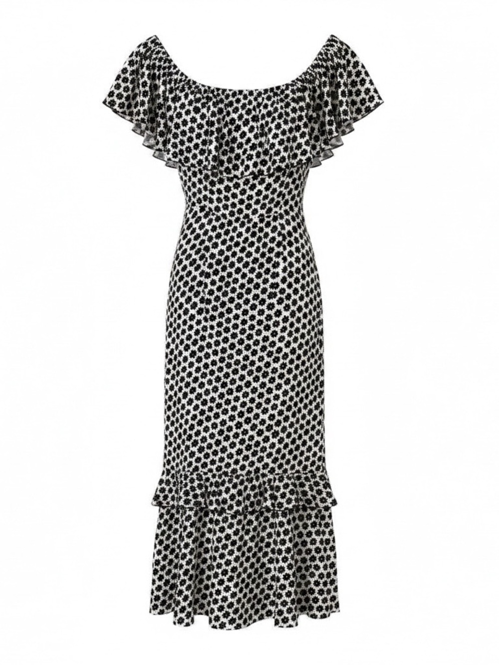 NWT Diane Von Furstenberg Black & White Floral Ruffle Maxi Daisy Dots size 12